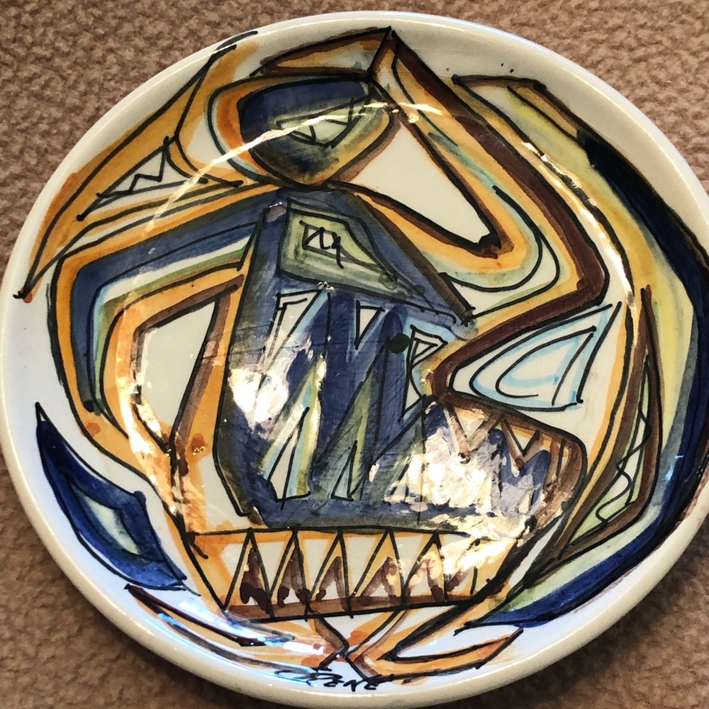 Abstract Hand-Painted Ceramic Plate in Blue and Gold Vintage Italian-Abstract